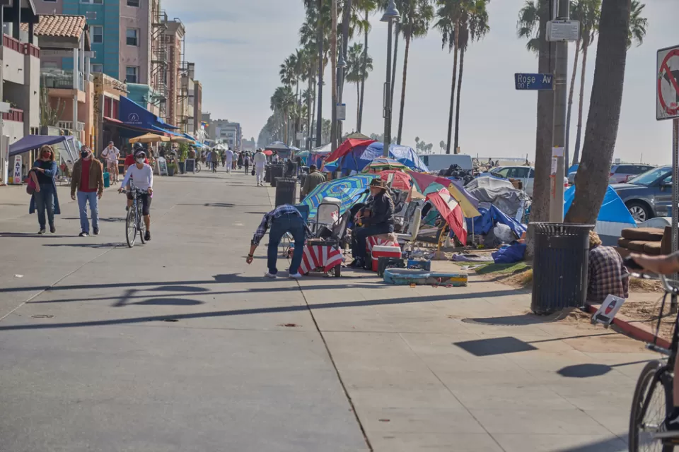 Homeless encampments on the Venice Beach Ocean Front Walk.